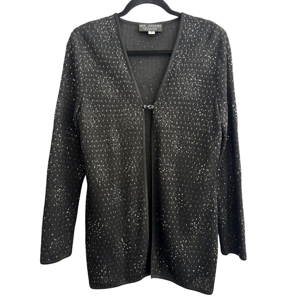 St. John Couture Black Metallic Shimmer Cardigan Size 6 Cocktail Executive Chic